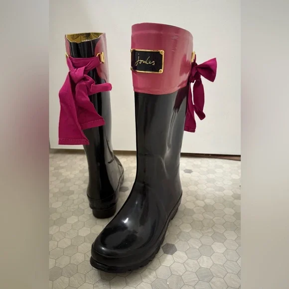 Joules Evedon Rain Boots Wellies - Black & Berry Pink Ribbon Bow - Picture 9 of 9